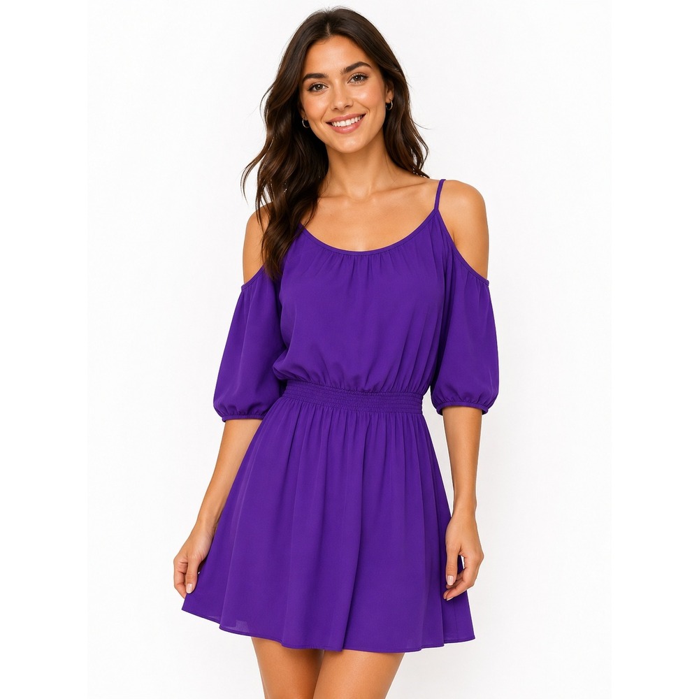 White House Black Market XS Mini Dress Silk Cold Shoulder Smocked Purple